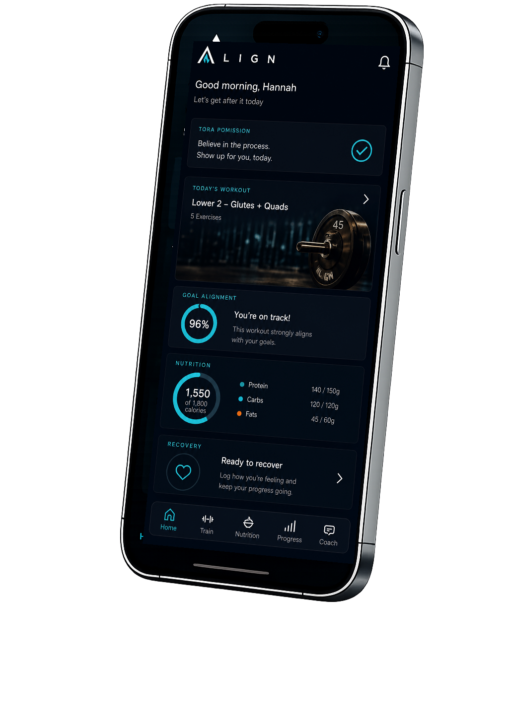 ALIGN app home screen showing today's mission, workout and nutrition